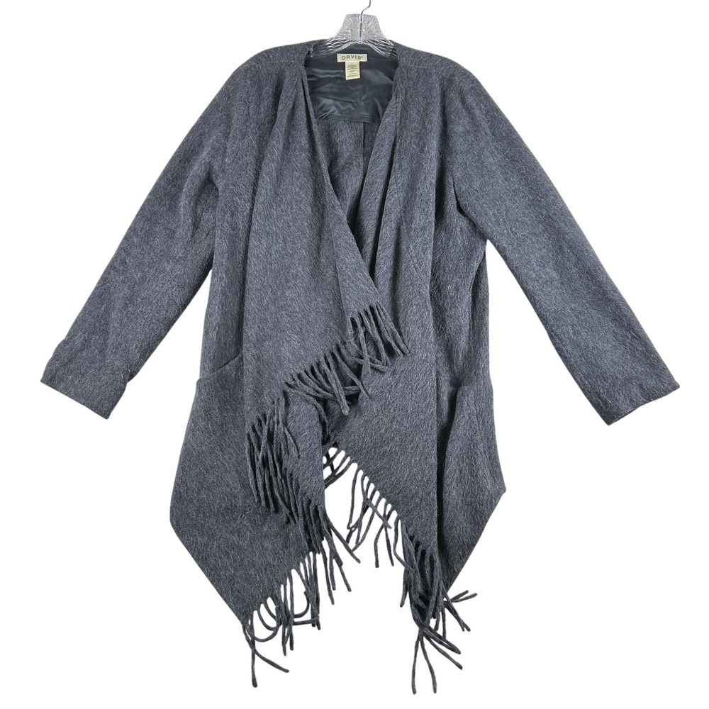 Orvis Cardigan Sweater Womens Large Alpaca Wool Blend Fringe Open Front Coat